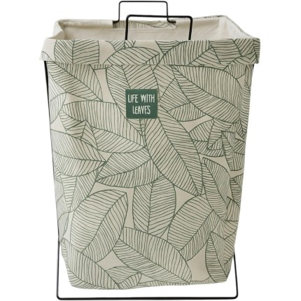 Amazônia Cesto Organizador Dobrável, Design Folhas Botânicas 60cm, Suporte para Roupa Suja, com Alças Metálicas (Cinza)