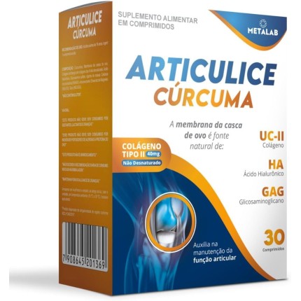 Articulice Curcuma, Colágeno Tipo II 40mg, Suplemento com Ácido Hialurônico e GAG, 30 Comprimidos