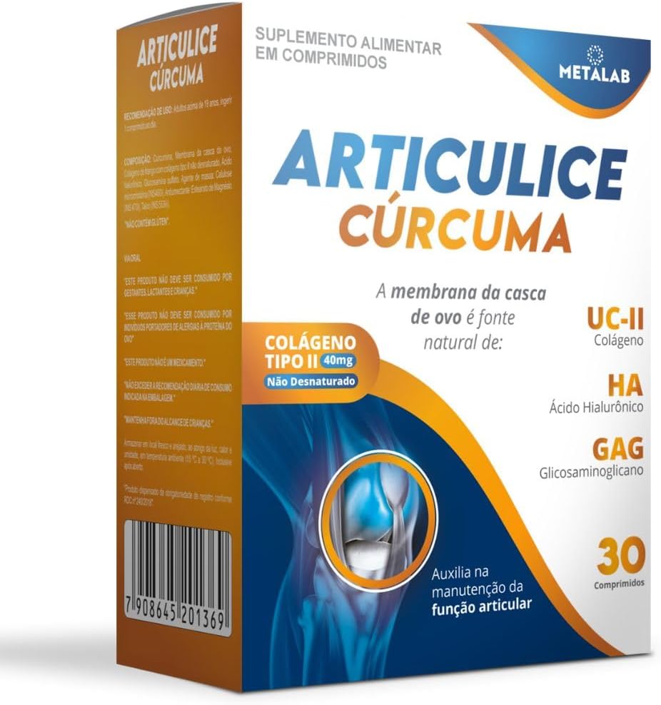 Articulice-Curcuma-Colageno-Tipo-II-40mg-Suplemento-com-Acido-Hialuronico.jpg Articulice Curcuma, Colágeno Tipo II 40mg, Suplemento com Ácido Hialurônico e GAG, 30 Comprimidos