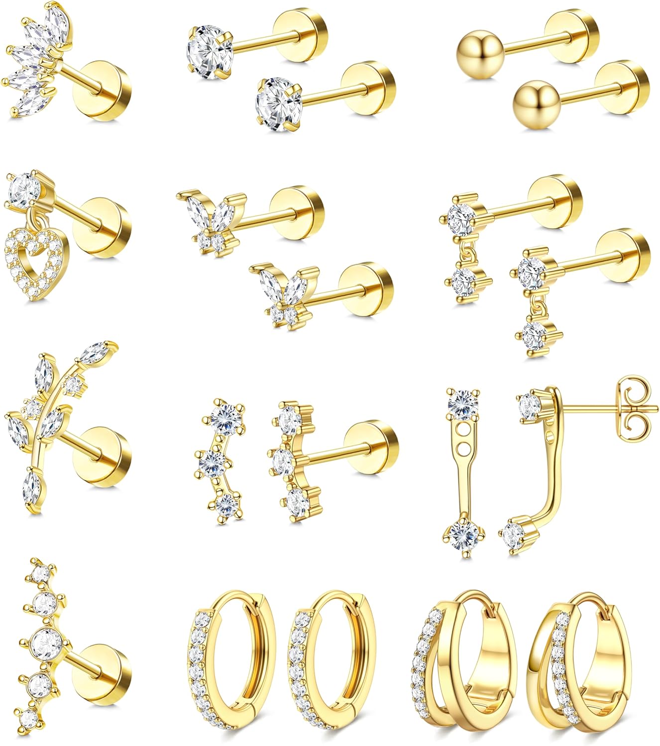 BESTEEL-Brincos-hipoalergenicos-de-costas-planas-para-mulheres-banhado-a.jpg BESTEEL Brincos hipoalergênicos de costas planas para mulheres banhado a ouro 14 k conjunto de brincos de argola de aço cirúrgico CZ pingente cartilagem hélice concha tragus piercing joia presente 20G