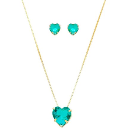 Biana Conjunto Colar e Brinco Coração Zircônia Turmalina Banhado A Ouro 18K