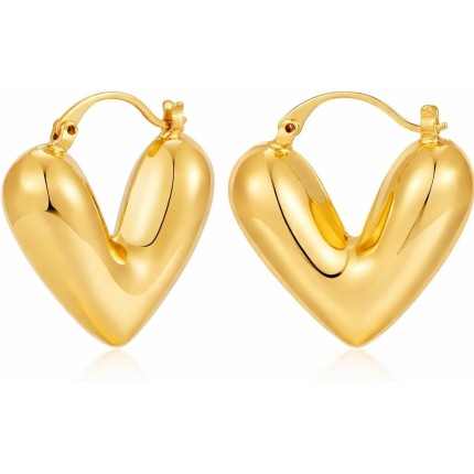 Brinco Argola Coração Dourado - Chunky, Feminino em Cobre Banhado a Ouro, Leve, Elegante e Confortável para Uso Diário