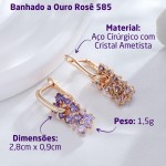 Brinco Feminino Banhado a Ouro Rosê 585 com Cristal Ametista Sintética "Amethyste" - Aço Cirúrgico, 2,8cm x 1cm, Leve e Elegante - Acompanha Bolsa de Veludo - Imagem 2