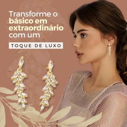 Brinco Feminino Cravejado com Zircônias "Pure Leaf" em Cobre – Design Luxo e Sofisticação – Acompanha Bolsa de Veludo