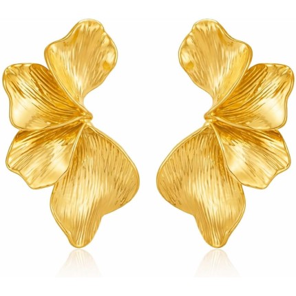 Brinco Feminino Dourado Statement Floral em Cobre Banhado a Ouro – Design Orgânico Tipo Folha/Asa, Leve, Brinco Grande Elegante para Looks Sofisticados e Modernos