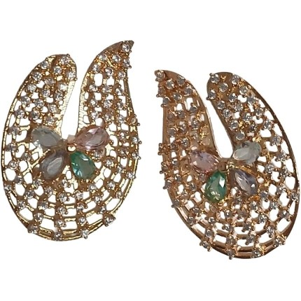 Brinco Feminino em V com Cristais e Mini Zircônias, Banho de Ouro 18k, Design Moderno