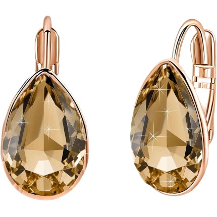 Brincos de gota de cristal austríaco para mulheres, banhado a ouro rosa 14K, joia hipoalergênica, 0.8" x 0.4", Latão Ouro rosa, Cristal