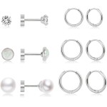 Brincos femininos de argola hipoalergênicos de aço inoxidável com zircão, conjunto de brincos de pérola, prata, 6 pares, Aço inoxidável Zircônia cúbica, Zircônia