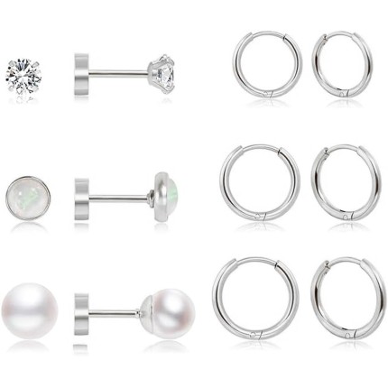 Brincos femininos de argola hipoalergênicos de aço inoxidável com zircão, conjunto de brincos de pérola, prata, 6 pares, Aço inoxidável Zircônia cúbica, Zircônia