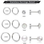 Brincos femininos de argola hipoalergênicos de aço inoxidável com zircão, conjunto de brincos de pérola, prata, 6 pares, Aço inoxidável Zircônia cúbica, Zircônia - Imagem 2