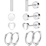 Brincos femininos hipoalergênicos de aço inoxidável zircônia cúbica opala brincos de argola com costas planas conjunto de brincos prateados para mulheres, 5 pares, Titânio, Sem Pedras