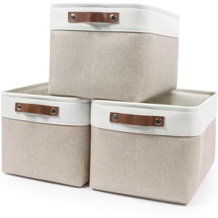 Caixa Cesto Organizador De Tecido Linho Dobrável Offwhite Alça Marrom Multiuso 36x26x16 cm (01 Unidade)
