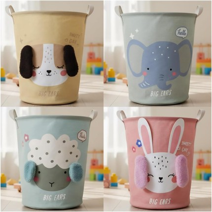Cesto Organizador Dobrável Multiuso com Alças, Design Infantil Big Ears, Armazenamento de Roupa Suja e Brinquedos. (ROSA CACHORRO)