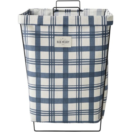 Cesto Organizador Dobrável, Suporte para Roupa Suja, Floral Azul e Branco, 60cm, Multiuso com Alças de Metal (Faixas)