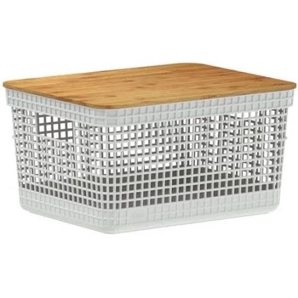 Cesto Organizador Grid c/Tampa de Bambu 8L Branco Oceano OU 39x23x15,6cm