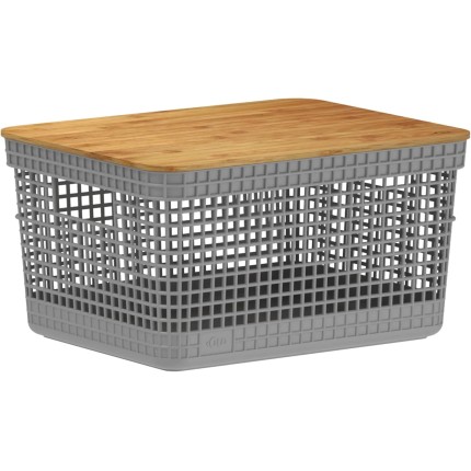 Cesto Organizador Grid c/Tampa de Bambu 8L Chumbo OU