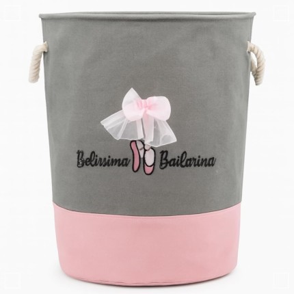 Cesto Organizador Infantil Dobrável de Roupas e Brinquedos para Menina, Rosa e Cinza, BELÍSSIMA BAILARINA, 44x35cm (Cinza e Rosa)