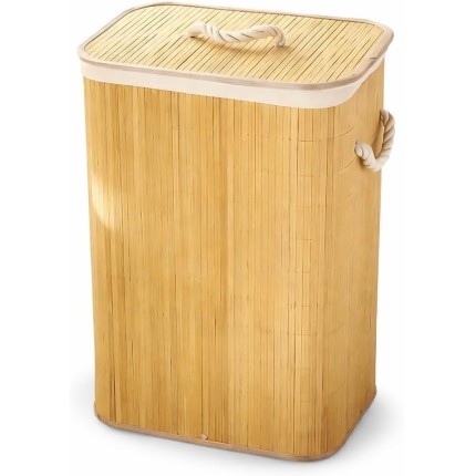 Cesto Organizador de Roupas 72L em Bambu com Tampa e Alças – Dobrável, com Forro Removível para Banheiro, Lavanderia ou guardar Brinquedos