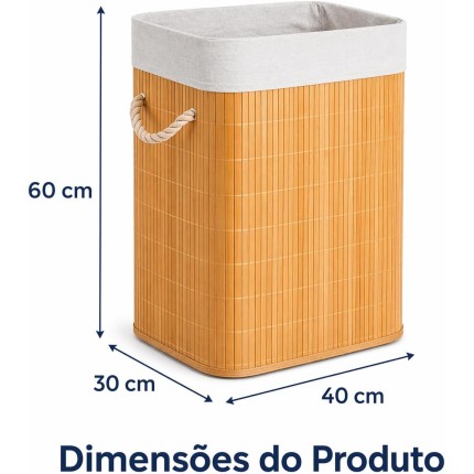 Cesto de Roupa Suja 72L em Bambu Natural com Tampa – Cesto de Lavanderia com Forro Removível e Alças de Corda – Organizador para Banheiro, Quarto e Área de Serviço, Premium