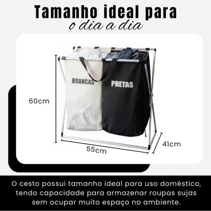Cesto de Roupa Suja Duplo com Divisória Claro e Escuro — Dobrável, 60L (2x30L), Estrutura Alumínio e Poliéster Lavável, Organização para Lavanderia, Preto e Branco