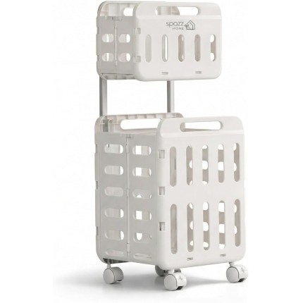 Cesto de Roupa Suja Duplo com Rodas – Grande Capacidade ~70L, Dobrável, Organizador de Lavanderia em 2 Andares com Trava e Alça Retrátil – Branco