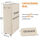 Cesto de Roupa Suja com Rodas 63 cm, 49.6 Litros Cesto de Roupa Suja Dobrável com Alça, Cesto de Armazenamento Alto, Organizador Multiuso Flexível Lavanderia Banheiro Quarto Dormitório (Bege) - Imagem 2
