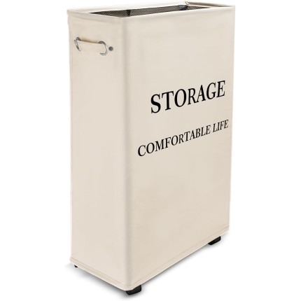 Cesto de Roupa Suja com Rodas 63 cm, 49.6 Litros Cesto de Roupa Suja Dobrável com Alça, Cesto de Armazenamento Alto, Organizador Multiuso Flexível Lavanderia Banheiro Quarto Dormitório (Bege)