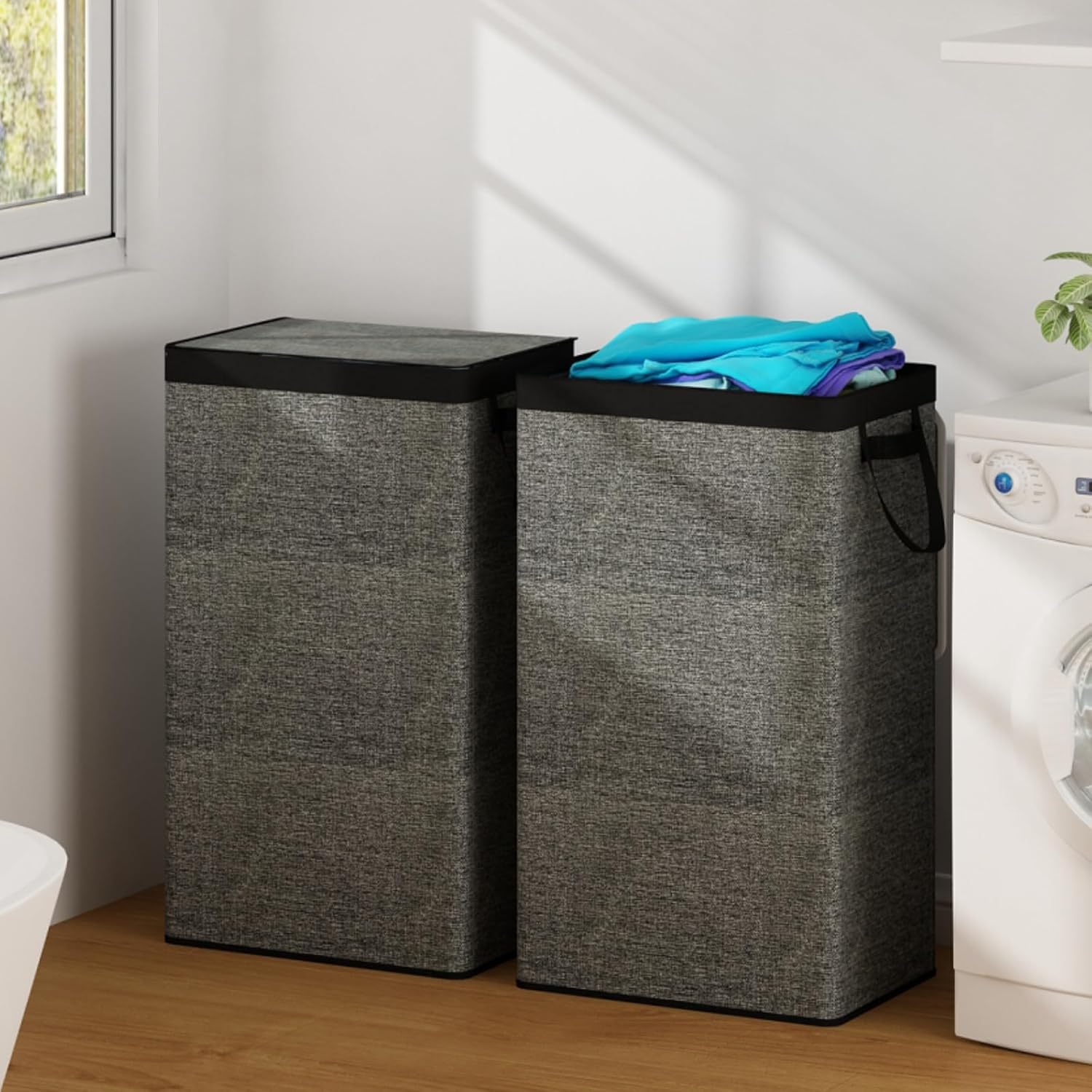 Cesto-de-Roupa-Suja-com-Tampa-e-Alca-Cesto-Organizador.jpg Cesto de Roupa Suja com Tampa e Alça, Cesto Organizador Dobrável com Bolsa de Rede Removível, Tecido Respirável, Cinza