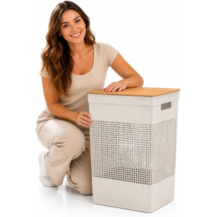 Cesto de Roupas Sujas 49L com Tampa de Bambu Bege, Cesto de Roupa Grande Organizador para Lavanderia, Banheiro e Closet, Resistente, Moderno e Elegante