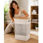Cesto de Roupas Sujas 49L com Tampa de Bambu Bege, Cesto de Roupa Grande Organizador para Lavanderia, Banheiro e Closet, Resistente, Moderno e Elegante - Imagem 2