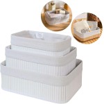 Cestos Organizadores De Bambu 3 Unidades Multiuso Com Forro Perfeito Para Banheiros, Armários, Lavanderias. Bonito e Elegante (Branco) - Imagem 2