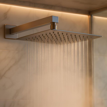 Chuveiro De Banho Premium Quadrado 20x20cm Inox, Com Braço De Parede, Alta Vazão, Para Piscina, Jardim, Área Externa, Marca VARENZIA