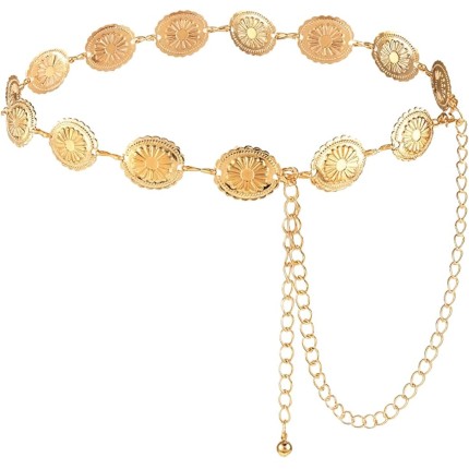 Cinto Feminino Western Boho Chic Ajustável – Corrente de Metal com Margaridas, Elegância para Vestidos e Looks Festival