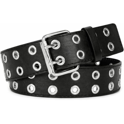 Cinto Punk Duplo Ilhós Ajustável Unissex em Couro Sintético Preto - Estilo Urbano, Moderno e Rock com Fivela Dupla de Metal