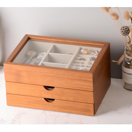 Clasin Home Caixa de joias com tampa de vidro, organizador de joias de 3 camadas para mulheres, caixa de joias de madeira maciça para anéis, brincos, colar, pulseira, caixas de joias de madeira de