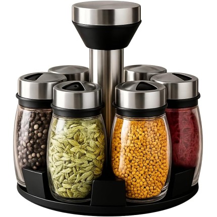 Conjunto 6 Porta Condimentos Temperos em Vidro com Tampa + Suporte Giratório 360° – Organizador de Cozinha, Tempero, Sal, Açúcar – Ideal para Bancada e Armário