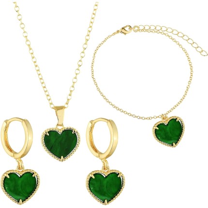 Conjunto Brinco Argola Colar Corrente Pingente Coração Pulseira Pingente Coração Verde Banhado a ouro 18k Banho paládio tecnologia antialérgica Semijoia Cravejado