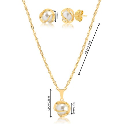 Conjunto Colar E Brinco Com Pingente de Pérola Folheado A Ouro 18k