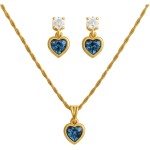 Conjunto Colar E Brinco Coração C/Zircônia Azul Banhado a Ouro Corrente 45cm