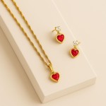 Conjunto Colar E Brinco Coração C/Zircônia Vermelho Banhado a Ouro Corrente 45cm Dourado - Imagem 2