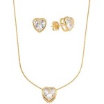 Conjunto Colar e Brinco Coração com Pedra de Zircônia Banhados a Ouro 18k