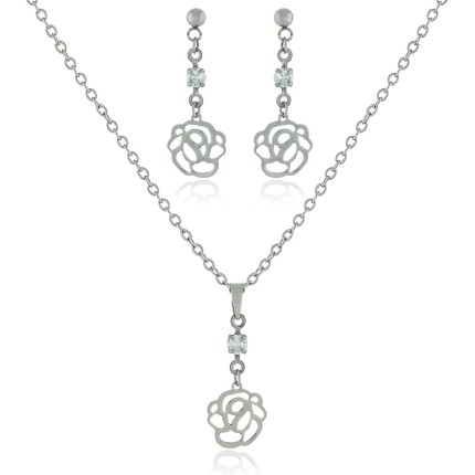 Conjunto Feminino Antialérgico Colar e Brinco Rosa Semijoia Antialérgica Aço Inoxidável