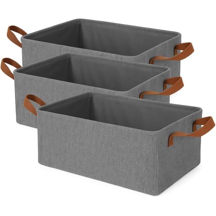 Conjunto de 3 Caixas Organizadoras Dobráveis, 26 Litros, Cinza, 47x28x20cm, Alças em Nylon para Armário, Quarto e Banheiro