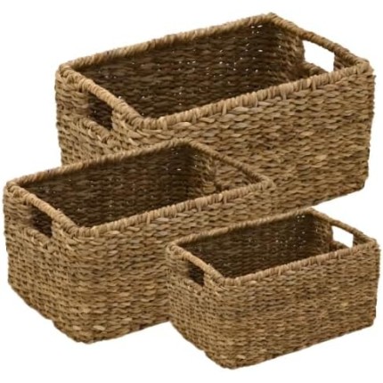 Conjunto de 3 Cestos Decorativos em Alga Marinha Natural, Rústico, para Quarto, Sala e Banheiro, Artesanal, Organizadores