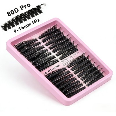 Conjunto de cílios individuais de grande capacidade 80D, extensões grossas de cílios D Curl Lashes Clusters, 9-16 mm, contém escova de cílios e pinça