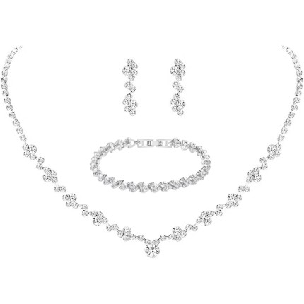 Conjunto de joias de casamento de cristal, colar de prata brincos pulseira conjuntos de joias de casamento de cristal para noivas dama de honra acessórios de fantasia de formatura, Liga de