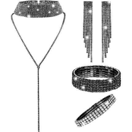 Conjunto de joias femininas com glitter, strass brilhante, cristal, borla, gargantilha, pulseira, tornozeleira, tornozeleira, cristal, franja, brincos pendentes para mulheres