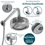 Dona D Cor, Ducha Chuveiro Autolimpante Redondo Cromado Articulável Com Chuveirinho de Mão Haste Curvada 25cm Inox Para Aquecedor a Gás Derivador Parade Banheiro - Imagem 2