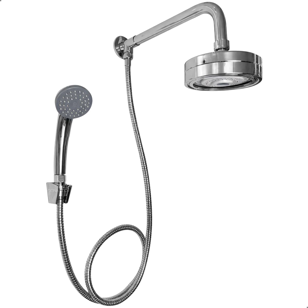 Dona-D-Cor-Ducha-Chuveiro-Autolimpante-Redondo-Cromado-Articulavel-Com.jpg Dona D Cor, Ducha Chuveiro Autolimpante Redondo Cromado Articulável Com Chuveirinho de Mão Haste Curvada 25cm Inox Para Aquecedor a Gás Derivador Parade Banheiro