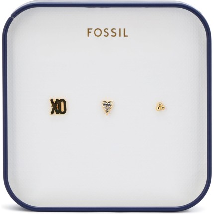 Fossil Conjunto de brincos de coração de latão dourado todo empilhado feminino, One Size, Latão, Sem Pedra Preciosa